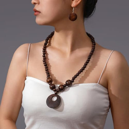 Soyzvteo Boho Wooden Beaded Necklace Earring Set Chunky Statement Costume Jewelry Retro Ethnic Accessories for Women - color: Brown