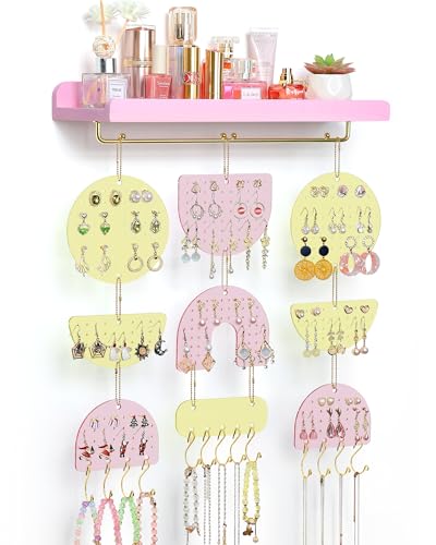 Keebofly Wall Mounted Jewelry Organizer, Hanging Earring Holder with Wood Shelf & Necklace Hooks, Acrylic Pegboard Earring Display Rack for 100+ Pairs Studs, Hoops & Dangles, Decorative Storage, Pink - color: Pink