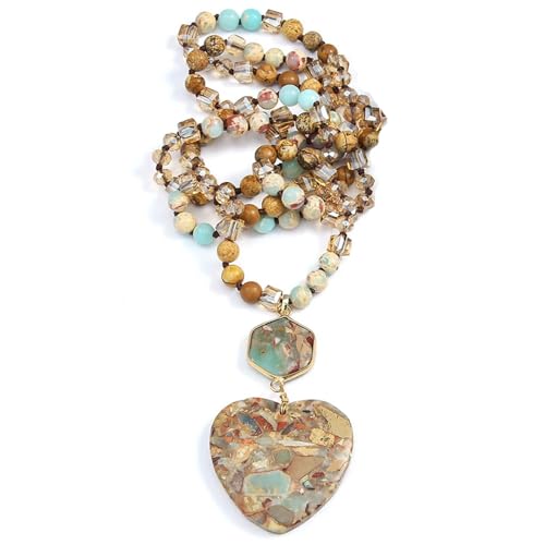 Yomisa Long Necklaces for Women Trendy, 33/34/35 inch | Boho Beaded Necklaces for Women, Natural Stone Pendant, Handmade Knotted Bead, Bohemian Holiday Summer Western Charm Jewelry - color: Love-Beige