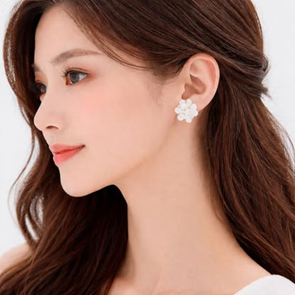 Flower Clip On Earrings For Women, Fashion Acrylic Floral Earrings No piercing Earrings Summer Earrings Jewelry Gift - color: White