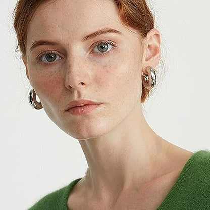 CONRAN KREMIX Waterproof Chunky Gold Hoops Earrings for Women Non Tarnish, Thick Gold Plated Circle Open Hoop,Lightweight Hollow Earrings Trendy - color: 30MM-Silver