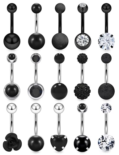 14G Dangle Belly Button Ring Piercing Jewelry 316L Stainless Surgical Steel Heart Flower CZ Reverse Navel Rings Dangling Belly Button Ring Piercing Jewelry for Women 14 Gauge Hypoallergenic - style: 15Pcs Black