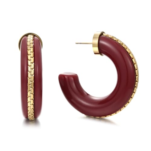 Gold Plated Resin Chunky Hoop Earrings Hypoallergenic Push Back Hoops for Sensitive Ears - color: Burgundy