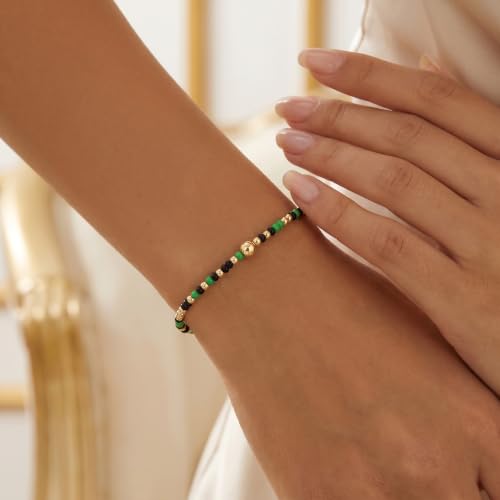 Seed Beaded Stack Bracelets Set for Women,Small Boho 4Pcs Colorful Handmade Dainty Trendy Gold Stretch Accessories Jewelry, Summer Daily Party Friendship Gift - color: Green