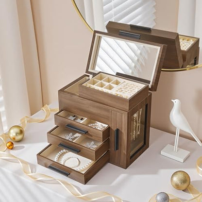 HOOBRO Jewelry Box with Mirror, Wooden Jewelry Organizer Box with Side Clear Acrylic Panel, Large Jewelry Case for Earrings, Necklaces, Rings, Watches, Walnut BH22JB04