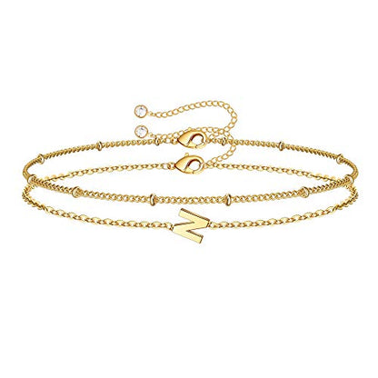 M MOOHAM Valentines Day Gifts for Her Women - Layered Initial Bracelets Gift Letter A-Z Charm, Dainty 14K Gold Plated Initial Bracelets for Women Teen Girls Birthday Jewelry Gifts - color: N