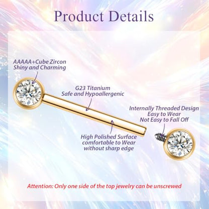 FUNLMO 2pcs Nipple Piercing Jewelry Titanium Nipple Rings Internally Threaded Tongue Rings Bridge Piercing Jewelry Nipple Barbells 14G 12-20mm - color: Gold,Clear CZ