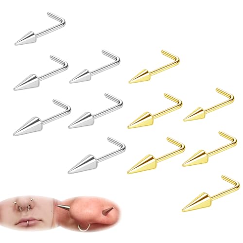 ZS 20G Spike Nose Rings Studs, 18G Stainless Steel Spike Stud Earrings, 16G Septum Lip Rings Cartilage Tragus Helix Piercing for Women Men - color: 12pcs 20g l-shape nose studs(gold+silver)