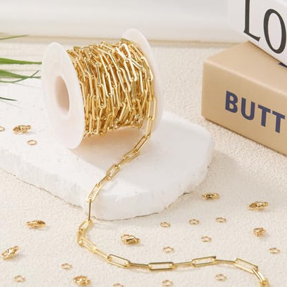 GTVOODX Chunky Paperclip Chain Roll Gold Plated Stainless Steel Chain Bulk | 4 Meters Handmade Paper Clip Chains Spool Bulk for Women Jewelry Making Permanent Jewelry with Lobster Clasps Jump Rings - color: Gold Thick Paperclip Chains