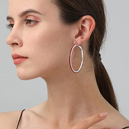 925 Sterling Silver Earrings Large Rhinestone Hoop Earrings Big Cubic Zirconia Hoop Earrings Thin Rhinestones Round Hoop Earrings for Women 20/30/40/50/60/70mm Sparkly Hoops With Crystals for Womens - color: red,50mm
