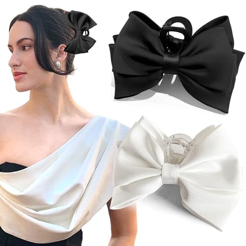 ISCRM Bow Hair Claw Clips for Women/Girls,Strong Hold Large Bow Claw Clip for Thick/Thin Hair Claws,Nonslip Silky Big Hair Bows Ribbons,Cute Hair Styling Accessories Gifts (black,white) - color: black,white