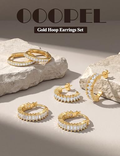 Small Gold Earring Stack Trendy 925 Sterling Silver Earrings for Women Hypoallergenic 14K Gold Plated Cubic Zirconia Stud Hoop Non Tarnish Huggie Hoop Earrings Set for Multiple Piercing Jewelry Gift - style: Gold: 3 Pairs of Shiny CZ Hoops