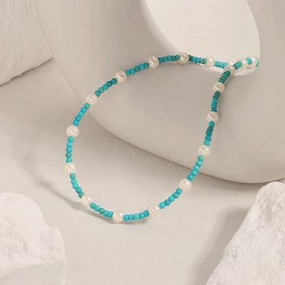 Aobei Pearl 18K Gold Plated Paperclip Chain Choker Satellite Chain Freshwater Cultured Biwa Pearl Pendant Necklace Dainty Turquoise Jewelry for Women - color: Green-blue Turquoise White Pearl