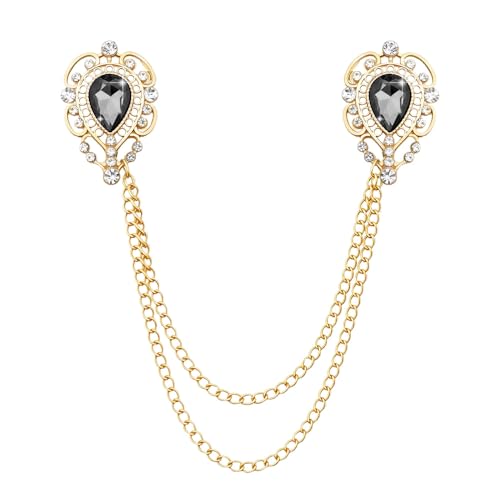 Teardrop Rhinestone Brooch Mens Lapel Pins for Shirt Collar Hanging Chain Brooch Suit Pin Crystal Rhinestone Lapel Pins for Men - color: Grey
