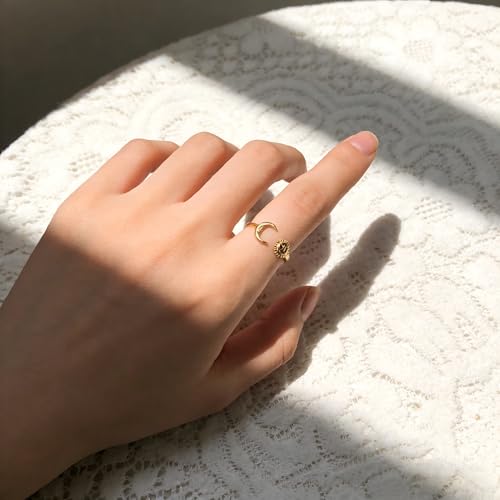 Sun and Moon Rings Stainless Steel Crescent Sun Rings for Women Gold Open Ring Middle Index Finger Jewelry Gift - color: A-Gold Sun&Moon