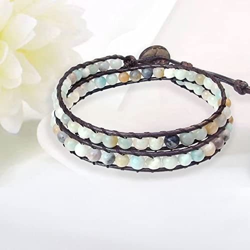 Genuine Stone Wrap Bracelets for Women Natural Crystal Beaded Wrap Bracelet 2/3/5 Adjustable Bohemian Bracelets Jewelry Gifts for Women Mom - color: amazonite(2 wraps)