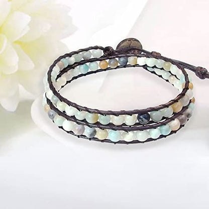 Genuine Stone Wrap Bracelets for Women Natural Crystal Beaded Wrap Bracelet 2/3/5 Adjustable Bohemian Bracelets Jewelry Gifts for Women Mom - color: amazonite(2 wraps)