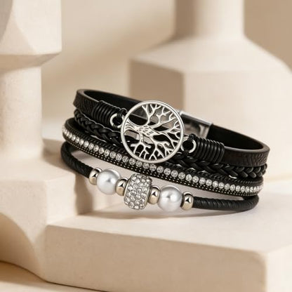 hotoo Leather Wrap Bracelets for Women Tree of Life Cuff Bracelets Pearl Rhinestone Bead Multi-Layer Bracelets Bohemian Jewelry Gift for Women - color: Black