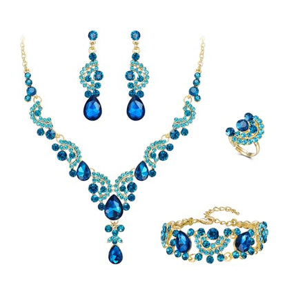 EVER FAITH Rhinestone Crystal Bridal Floral Wave Teardrop Necklace Earrings Set - color: 4pcs_Sky Blue