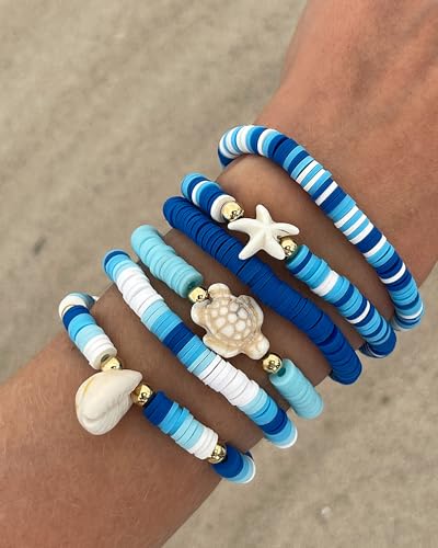 Shell Bracelets for Women Layered Seashell Starfish Bracelets Stackable Stretch Boho Beaded Bracelet Summer Beach Surfer Bracelet Seaside Beach Dress Outfits Accessories - color: B3:blue shell bracelets
