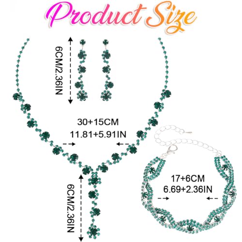 Silver Wedding Jewelry Sets Rhinestone Necklace Earrings Bracelet Set Prom Formal Costume Jewelry for Women and Brides - color: Green