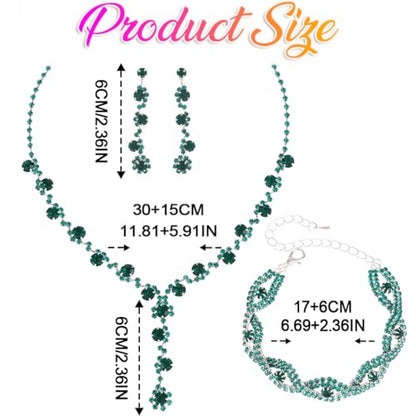 Silver Wedding Jewelry Sets Rhinestone Necklace Earrings Bracelet Set Prom Formal Costume Jewelry for Women and Brides - color: Green