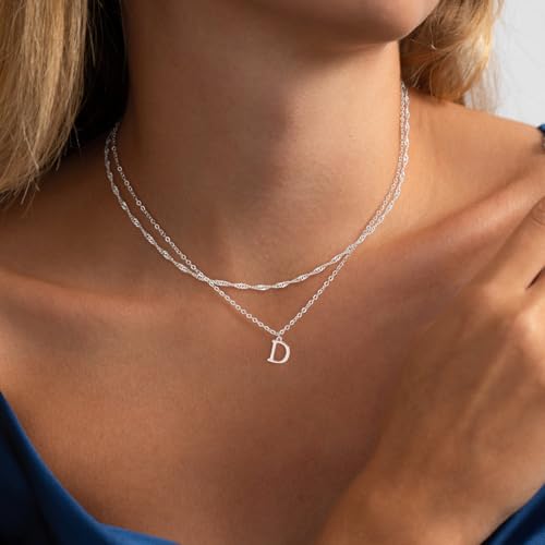 14K Gold Plated Initial Necklaces for Women Dainty Layered Letter Pendant Necklace Cute Choker Necklace Gift Trendy Stuff Personalized Jewelry Stack for Women Her - color: Silver, style: D