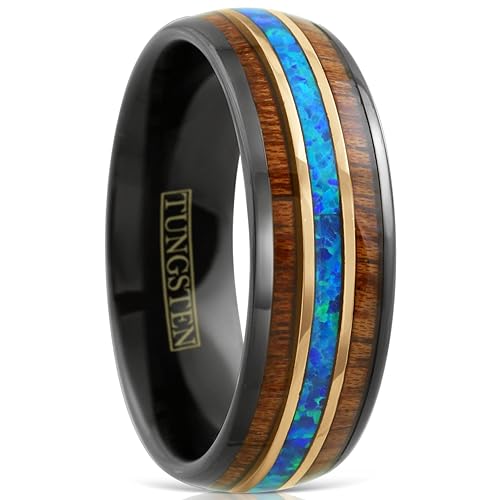 Cool Modern Classic 8mm Polished Black Tungsten Carbide Low Dome Band Ring with Dazzling Man-Made Hawaii Blue Opal Between Koa Wood Inlays.