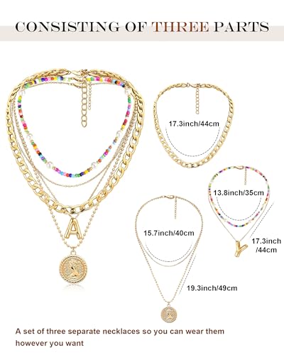 MJartoria Layered Necklaces for Women Trendy Balloon Initial Pendant Necklace Dainty Chunky Chain Beaded Choker Necklaces Jewelry Birthday Gifts - color: Gold, style: A.