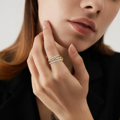 18K Gold-Plated Interlocked Ring for Women, Non Tarnish CZ Band | Interlocked inseparable one-piece ring for women. Triple & quadruple linked styles, non-tarnish CZ jewelry for daily wear - color: Silver