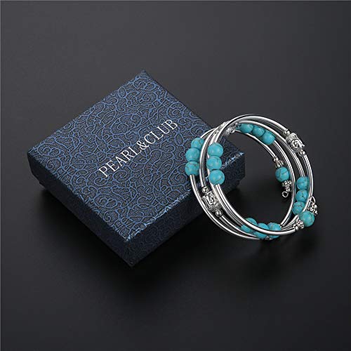 PEARL&CLUB Beaded Chakra Bangle Turquoise Bracelet - Fashion Jewelry Wrap Bracelet with Thick Silver Metal and Mala Beads, Birthday Gifts For Women - color: 58-Turquoise