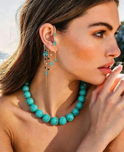 Chunky Necklaces for Women Trendy 20MM Large Resin Beaded Necklace Bold Statement Chunky Choker Necklace Boho Beads Summer Beach Jewelry - color: Turquoise