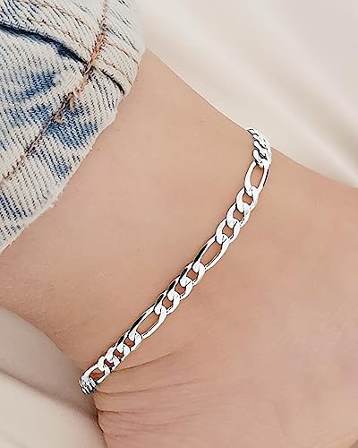Sterling Silver Ankle Bracelets for Women Strong Lobster Clasp - Cuban Link, Figaro, Rope, Flat Mariner, Snake Herringbone, Satellite, Paperclip - Summer Beach Waterproof Silver Anklet - color: Curb, Figaro, Flat Mariner