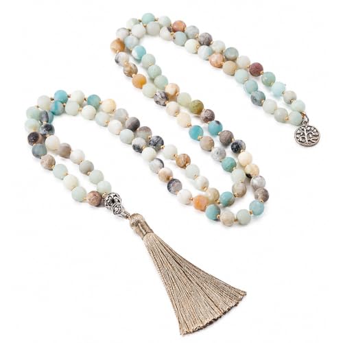108 Mala Beads Necklace Semi-Precious Gem Stones Meditation Necklace 108 Hand Knotted Japa Mala Beaded Tassel Necklace with Tree of Life Pendant - color: Natural Amazonite