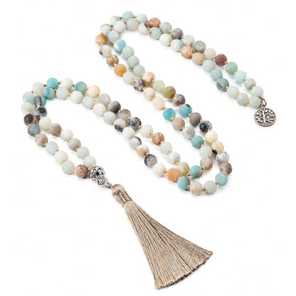108 Mala Beads Necklace Semi-Precious Gem Stones Meditation Necklace 108 Hand Knotted Japa Mala Beaded Tassel Necklace with Tree of Life Pendant - color: Natural Amazonite