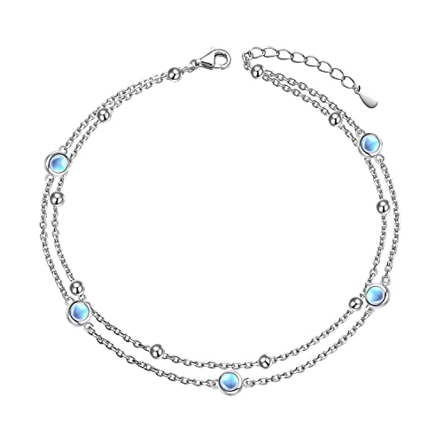Flyow Anklet for Women S925 Sterling Silver Adjustable Foot Beaded Heart Charm Ankle Bracelet Anklets Jewelry - style: moonstone
