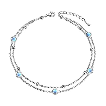 Flyow Anklet for Women S925 Sterling Silver Adjustable Foot Beaded Heart Charm Ankle Bracelet Anklets Jewelry - style: moonstone