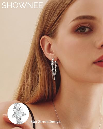 Tassel Chain Small Gold Hoop Dangle Earring For Women Huggie Earring Heart Star CZ 14K Gold Plated Fashion Jewelry Graduation Gift for Her Mothers Day Gifts for Mom - color: Star-Silver