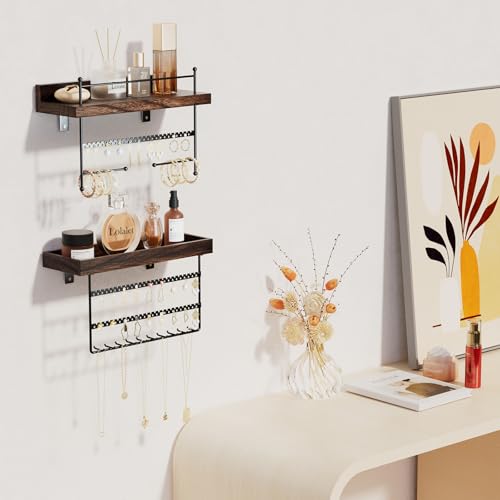 Lolalet Wall Mount Hanging Jewelry Organizer -Set of 2, Brown | Versatile Hanging Holder with Hooks for Earrings, Bracelets and Necklaces, Easy to Install on Bathroom Wall - color: Brown
