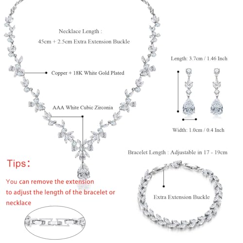 Jewelry Set for Women, Necklace Dangle Earrings Bracelet Set with White AAA Cubic Zirconia, Allergy Free Wedding Party Jewelry for Bridal Bridesmaid - color: Necklace + Earrings + Bracelet