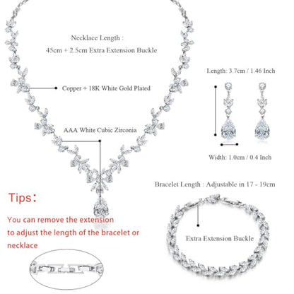 Jewelry Set for Women, Necklace Dangle Earrings Bracelet Set with White AAA Cubic Zirconia, Allergy Free Wedding Party Jewelry for Bridal Bridesmaid - color: Necklace + Earrings + Bracelet