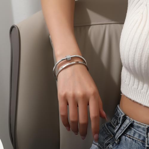 Women's Stainless Steel Bracelet Gold Plated Cuff Bangle With Cube Zircon Hinge Jewelry oval Bangle Witness the Gift of Love - color: 4mm Silver 2pcs-A