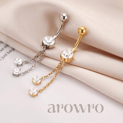 AROWRO Dangle Belly Button Rings Titanium Gold Sliver Belly Button Ring Hypoallergenic 14G Dangle Navel Piercing Jewelry 10mm Barbell for Women - color: Sliver