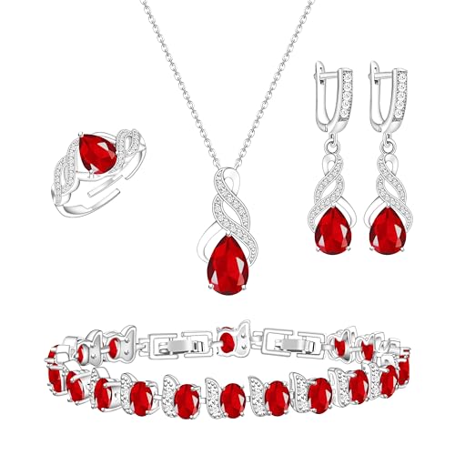 LMXXVJ Jewelry Set for Women,Teardrop Cubic Zirconia Necklace Earrings Adjustable Ring Bracelet Jewelry Set Formal Jewelry Gift - color: MHSD-White Gold-Ruby Red