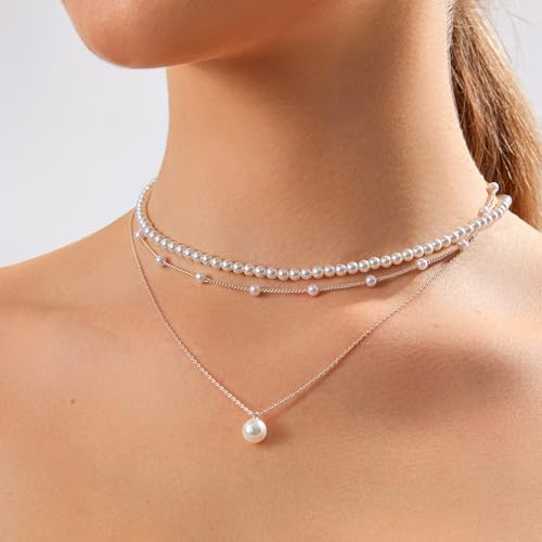 Zeffy Gold Pearl Necklace for Women, Dainty 14K Gold/Silve Plated Layered Pearl Choker Pearl Earrings Pearl Bracelets Wedding Trendy Gold Jewelry Set for Women Gifts - style: Silver Pearl Necklace-3PCS