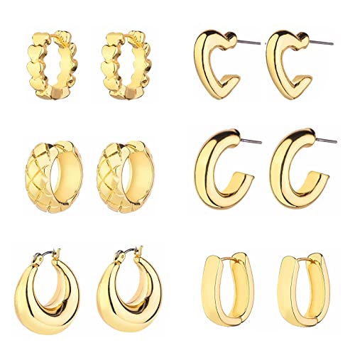 Wgoud 6 Pairs Chunky Gold Hoop Earrings for Women, 14K Gold Plated Hoop Earrings Hypoallergenic, Thick Lightweight Twisted Huggie Hoops Earring Set for Women’s Jewelry GIfts - color: 6 Gold Hoops set