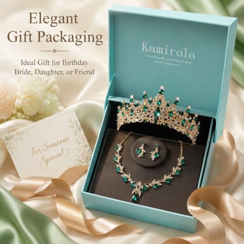 Kamirola Tiaras and Crowns for Women,Tiaras Earrings Necklace, Crystal Bridal Jewelry Set, Costume Jewelry for Women Party Halloween Prom Pageant - color: GOLD GREEN