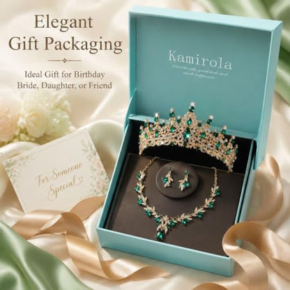 Kamirola Tiaras and Crowns for Women,Tiaras Earrings Necklace, Crystal Bridal Jewelry Set, Costume Jewelry for Women Party Halloween Prom Pageant - color: GOLD GREEN