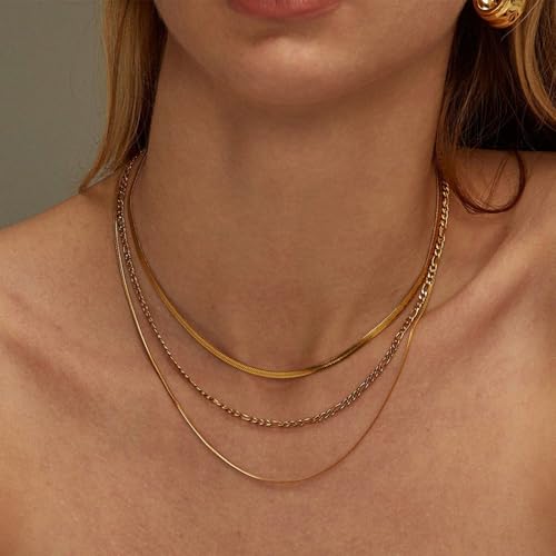 Gold Plated Triple Strand Multi-Layer Snake Figaro Chain Necklace | Non Tarnish Stainless Steel Necklace for Women, Three Layer Chain Necklaces,Versatile Minimalist Style
