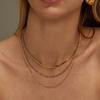 Gold Plated Triple Strand Multi-Layer Snake Figaro Chain Necklace | Non Tarnish Stainless Steel Necklace for Women, Three Layer Chain Necklaces,Versatile Minimalist Style